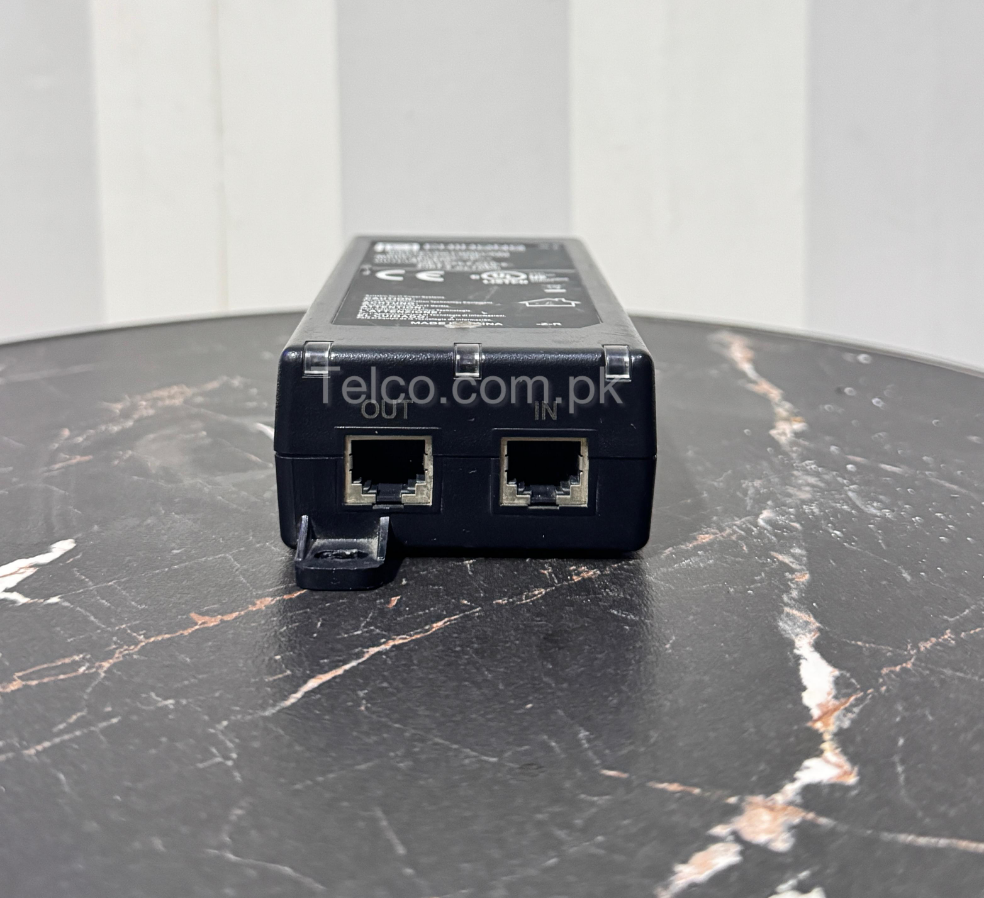 A 48V Power over Ethernet (PoE) Adapter with a black color, featuring two Ethernet ports and a label with 'Telco.com.