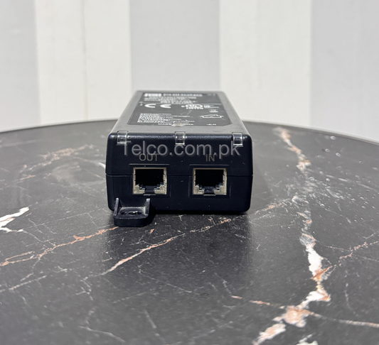 A 48V Power over Ethernet (PoE) Adapter with a black color, featuring two Ethernet ports and a label with 'Telco.com.