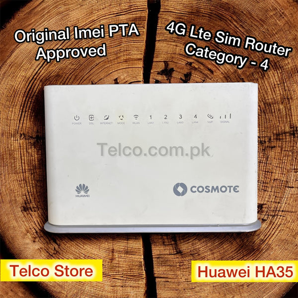 4G LTE SIM router with Huawei and Cosmote branding on a wooden background