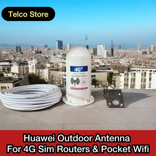 Huawei outdoor antenna for 4G sim routers and pocket WiFi on a rooftop with cityscape background.
