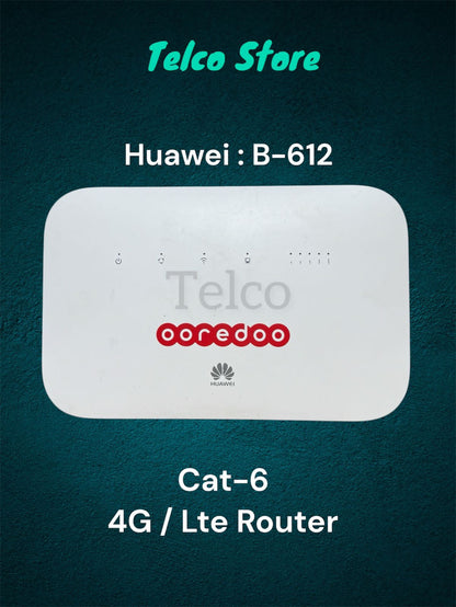 A white Huawei B612 4G/Lte router with a red 'Telco Store' sticker on the front, displaying various ports and indicators.