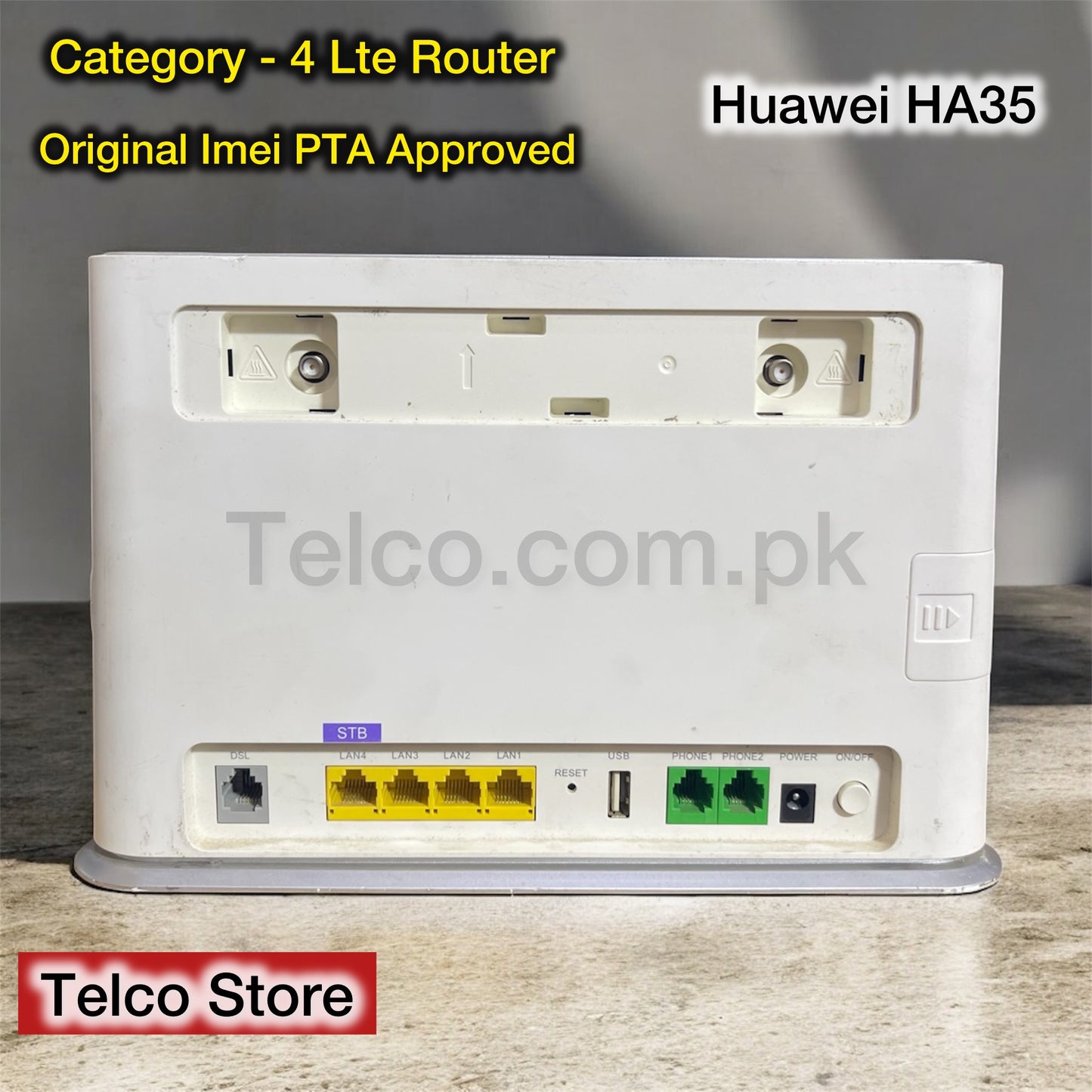 White Huawei HA35 router on a wooden surface with Telco.com.pk branding.