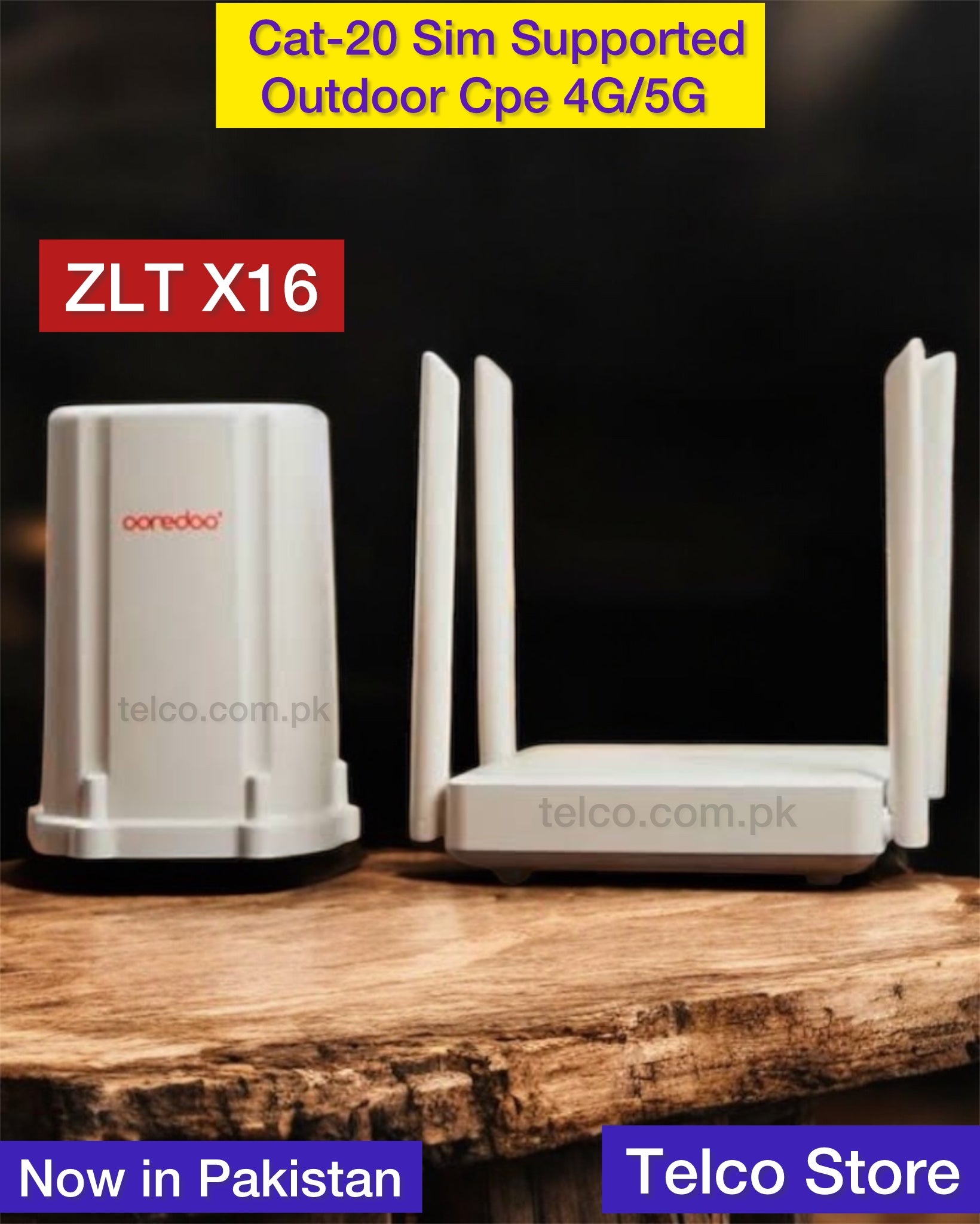 Outdoor CPE 4G/5G device with ZLT X16 branding on a wooden surface.