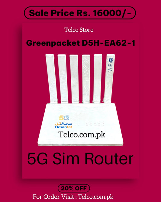 5G Sim Router with antennas on a red background, featuring Telco branding.