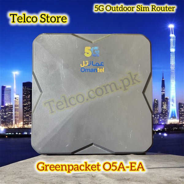 5G Outdoor Sim Router with Omanotel branding against a city skyline backdrop