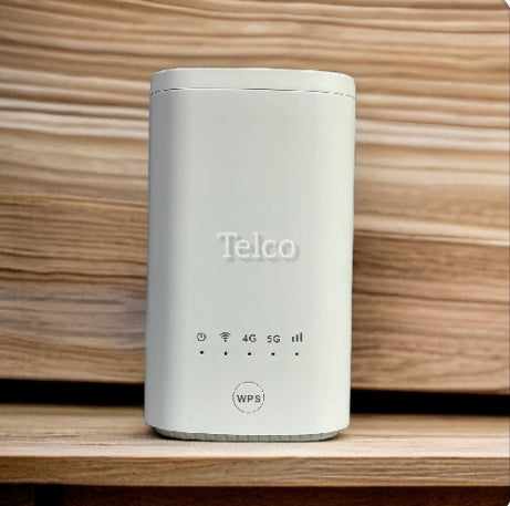 A white 5G wireless router branded 'Telco' placed on a wooden surface, showing connectivity indicators for WiFi, 4G, 5G, and a WPS button.