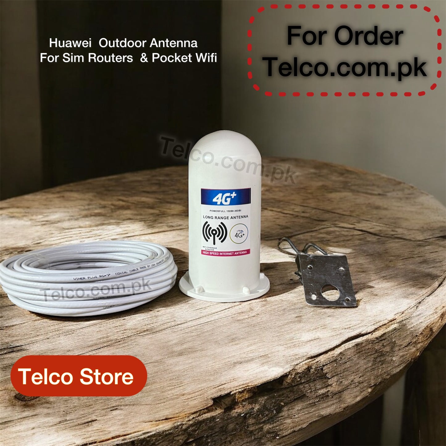 Huawei outdoor antenna for SIM routers and pocket WiFi on a wooden surface with Telco branding.