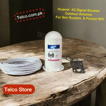 Huawei 4G Signal Booster outdoor antenna with cable on a wooden surface, branded as Telco.com.pk.