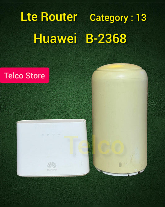 Huawei B2368-66 LTE Router with a white indoor router and a beige outdoor router, displaying the TELCO STORE logo and the Huawei brand logo.