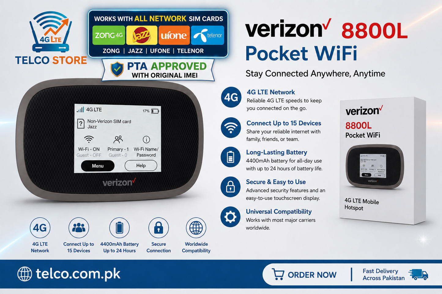 4G Pocket WiFi Verizon 8800L | All Network SIM Supported