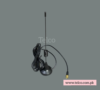 A black indoor metal antenna with a wire and SMA male connector, designed to enhance signal strength of routers.