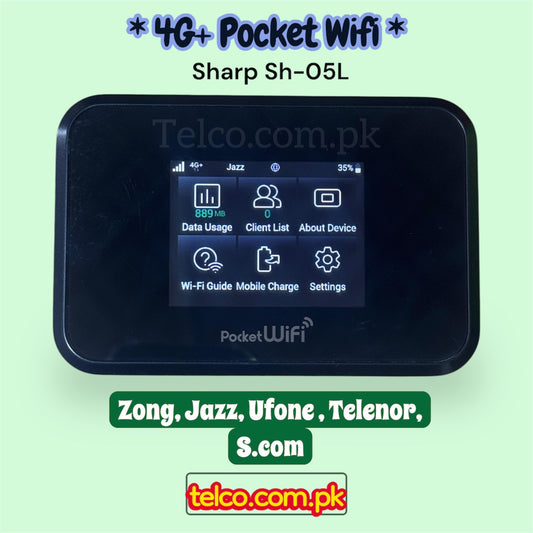 4G+ Pocket WiFi device with screen displaying interface on a light green background, featuring Telco.com.pk branding.