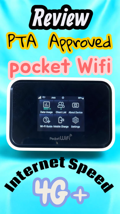 Pocket WiFi device with text highlighting PTA approval and internet speed on a blue background