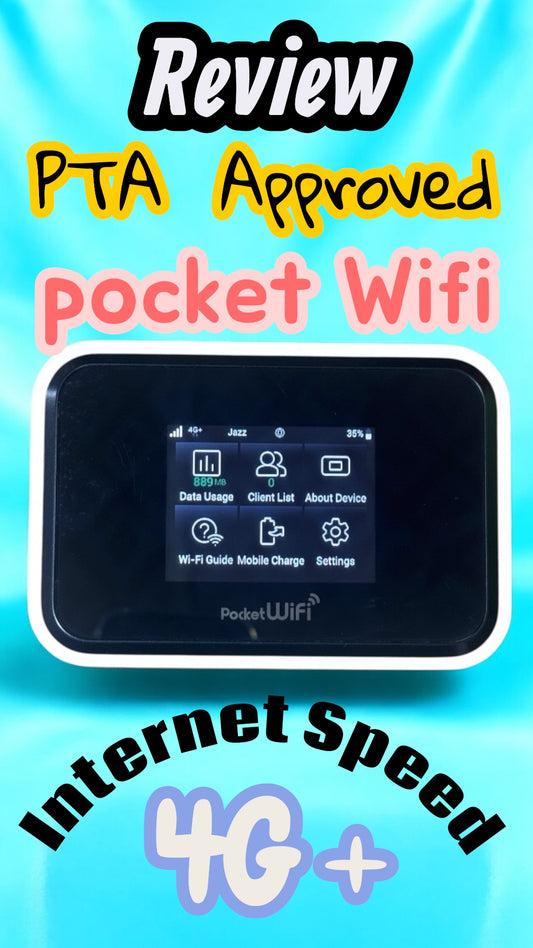 Pocket WiFi device with text highlighting PTA approval and internet speed on a blue background