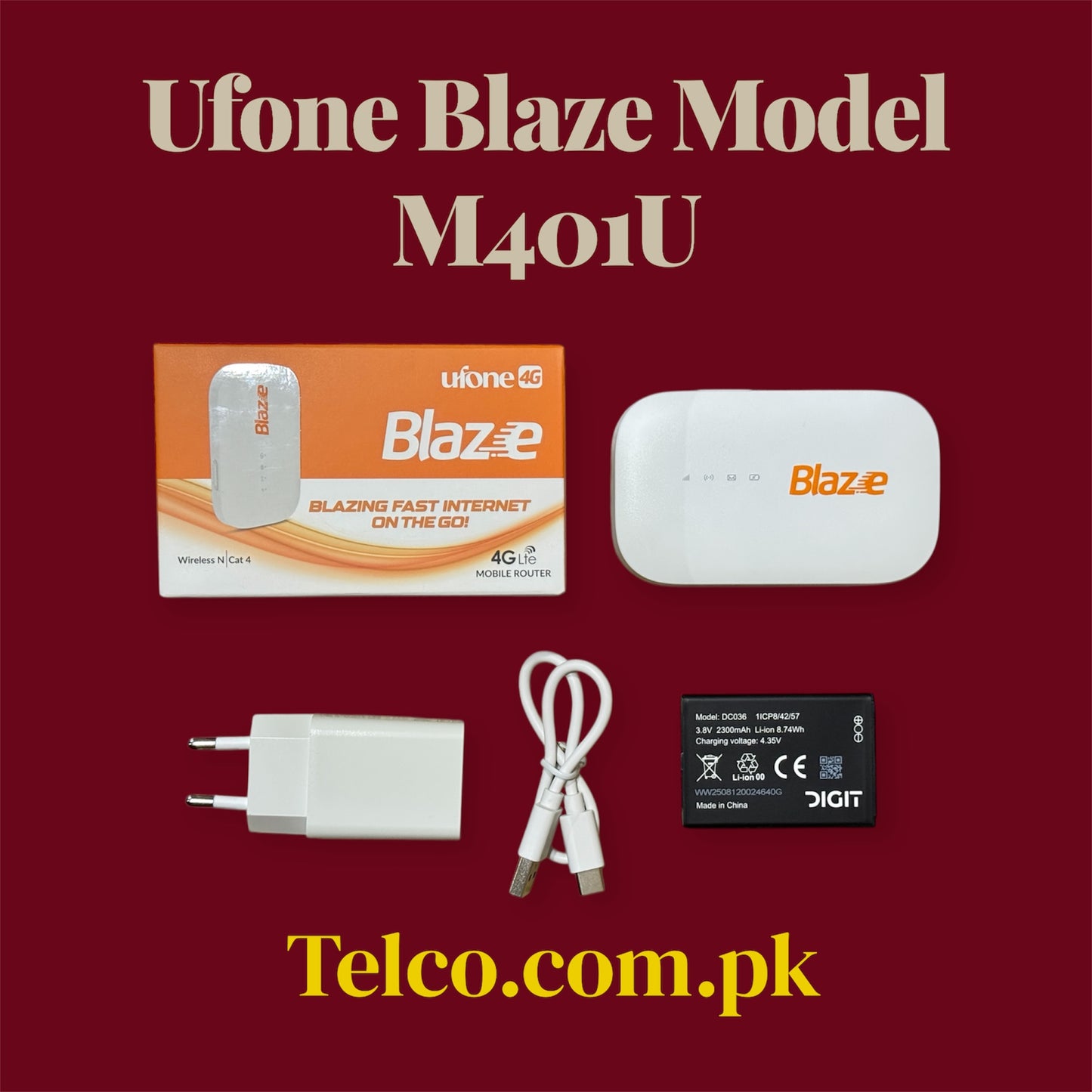 Ufone Blaze Model M401U device with packaging, charger, cable, and battery on a red background.