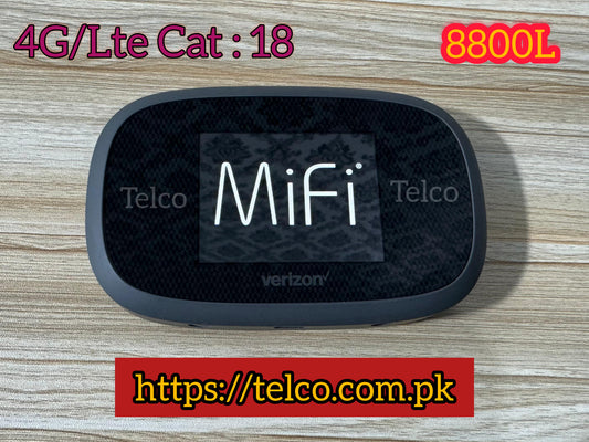 A black Verizon 8800L pocket wifi device with a display showing the word 'MiFi' and the Verizon logo, indicating 4G/Lte Cat: 18 and 8800L.