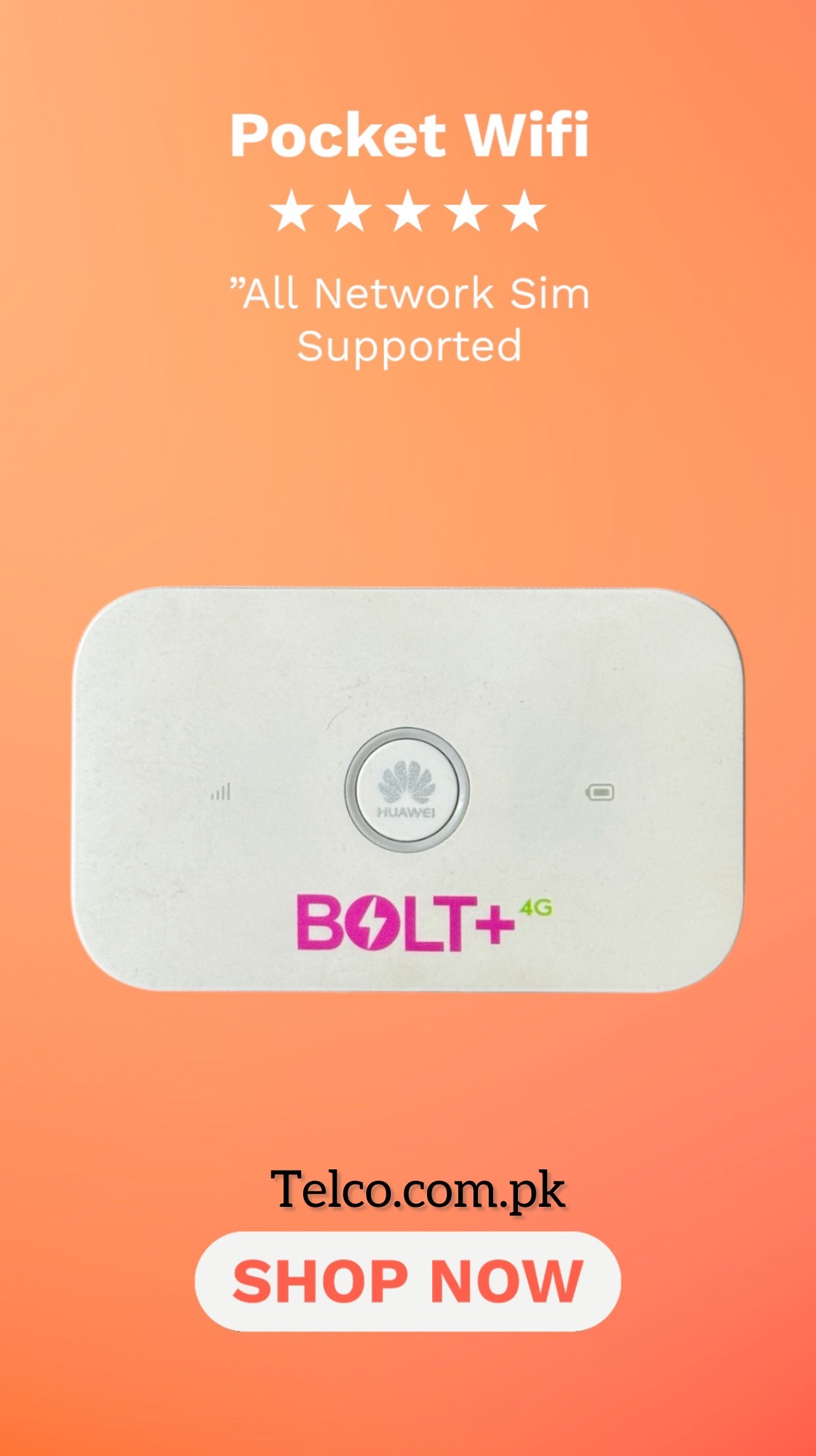 Pocket WiFi device with Bolt+ logo on an orange background
